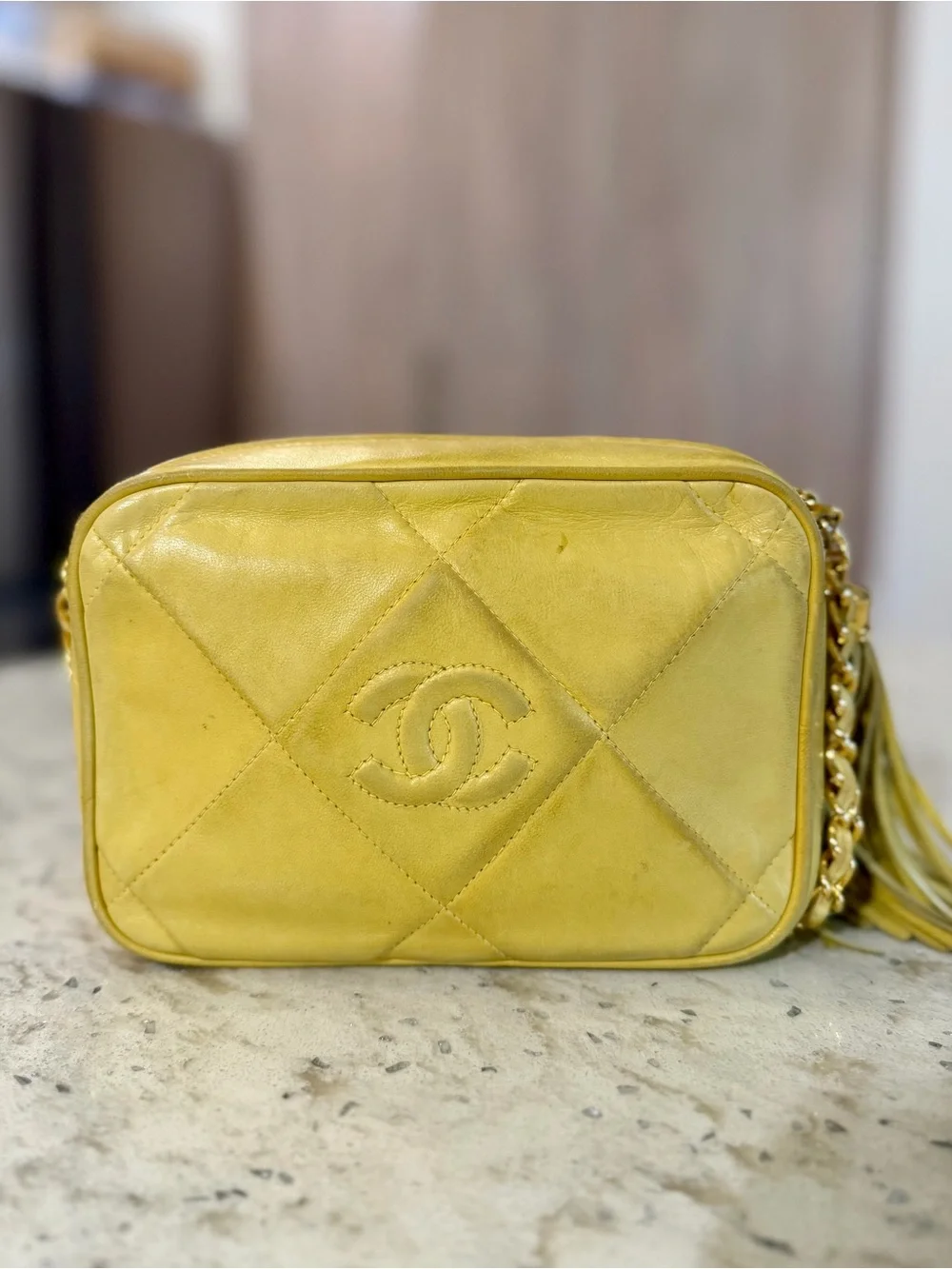 Authentic Vintage Chanel Yellow Lambskin CC Camera Bag 24K Gold Tassel
